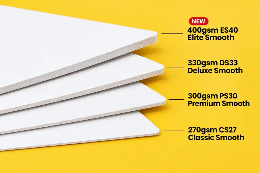 400gsm ES40 Elite Smooth card stock compared with 330gsm DS33, 300gsm PS30 and 270gsm CS27
