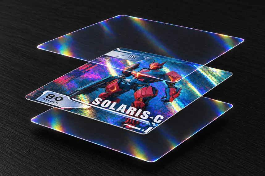 Glass Layer Effect shown as clear holographic layers around a printed trading card
